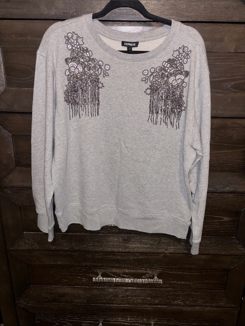 Express Gray Sweatshirt with Black Beaded Floral Fringe Embellishment